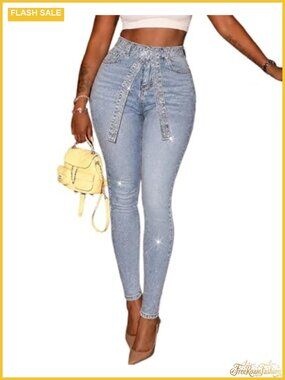 Women's High Waist Skinny Stretch Jeans with Rhinestone Belt Party Date Night